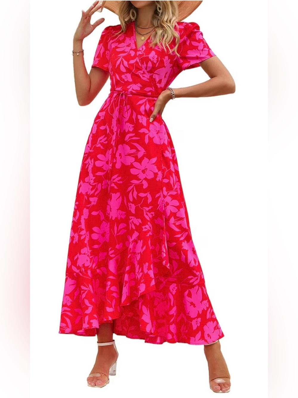 Floral V-Neck Short Sleeve Wrap Maxi Dress in Pink and Fuchsia size L